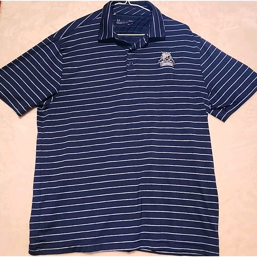 Under Armour Mens Large Blue Striped Polo  Short Sleeve Traditions Golf Club